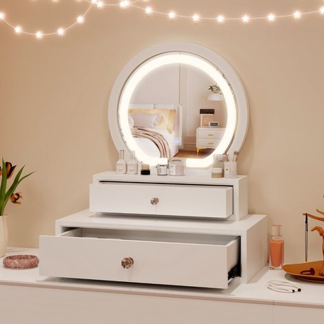 Miroir de maquillage blanc en MDF 51 x 26 x 59 cm avec 2 tiroirs amovibles et fixation murale pour chambre salle de bain et salon (1/5)