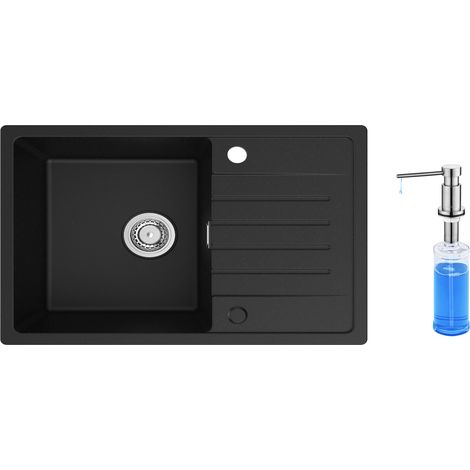 Lavello da cucina Cecipa a 1 vasca con gocciolatoio, lavello da cucina in quarzo e resina 78x45 cm Lavello nero di grande capacità + dispenser per sapone con spazzole da 300 ml (1/5)