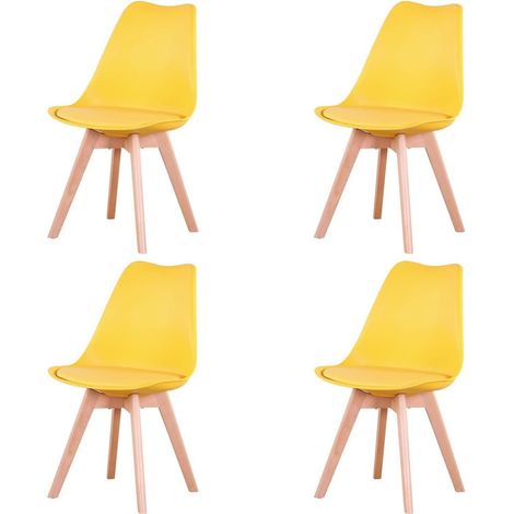 Esszimmerstühle 4er Set, Skandinavische Küchenstühle, Kunstleder Sitzfläche, Massivholz Beine, Gelb (1/5)