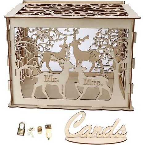 Boîte à Carte de Voeux DIY en Bois Cerfs Couple pour Mariage, Décoration de Boîte à Signatures (1/5)
