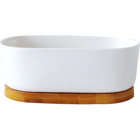 Lot de 1 Pot de Fleurs Ovales en Céramique Blanche pour Plantes Succulentes et Cactus, Jardinières D’intérieur avec Soucoupes en Bambou, Pot Rectangulaire Drainant, Décoration (1/5)