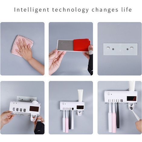 Weißer, an der Wand montierter Zahnbürstenhalter mit UV-Licht, intelligente Sterilisation, kein Bohren erforderlich, automatischer Zahnpastaspender, Infrarotsensor, Komplettpaket. (1/5)