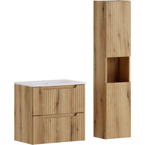 Conjunto suspendido para baño VANO roble claro 90cm: mueble bajo lavabo con cajones + lavabo encastrado + columna (1/5)
