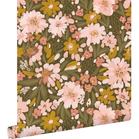 papier peint fleurs vert olive grisé, rose clair et jaune ocre - ESTAhome (1/5)