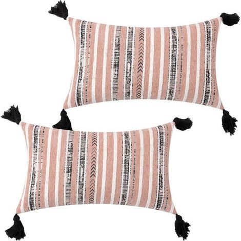 Set von 2 rechteckigen Kissenbezügen, 30 × 50 cm, in gestreiftem Rosé-Jacquard, für Sofa oder Schlafzimmer.
