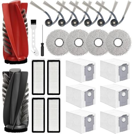 Accessoires Compatible avec Roborock Qrevo Curve/Qrevo Edge/P20 Pro, Pices de rechange Robot Aspirateur 6 Sacs Poussire 2 Brosse Principale 4 Chiffons 4 Filtres 4 brosses latrales accessoires (1/5)