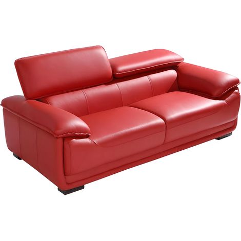 Vente-Unique – Canapé 3 places convertible en cuir de vachette – Rouge – Têtières multiposition – Longueur 204 cm – Confort équilibré (1/3)