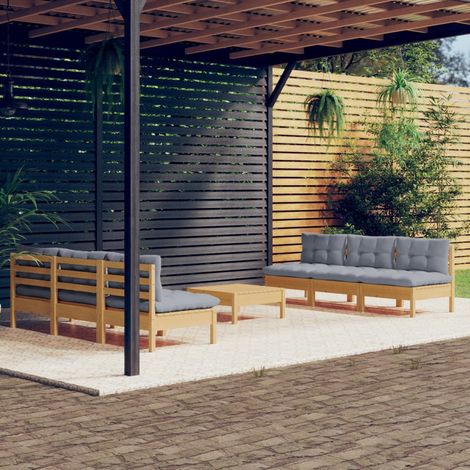 Salon de jardin 7 pcs Ensemble Table et Chaise de Jardin - avec coussins gris Bois de pin BV658551 - BonneVie (1/5)