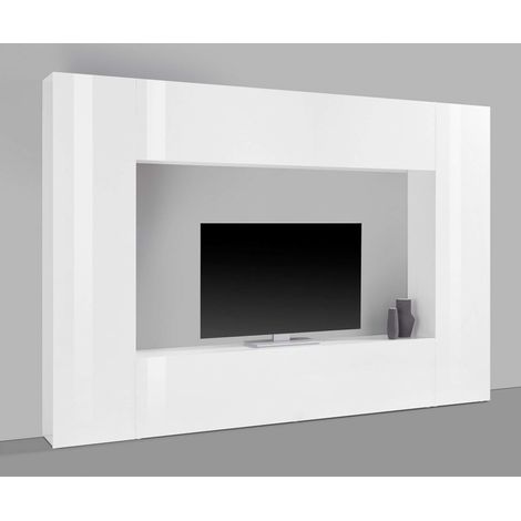 Parete Attrezzata Moderna per Soggiorno 260x30x180cm - ECHO - Colore: bianco laccato lucido