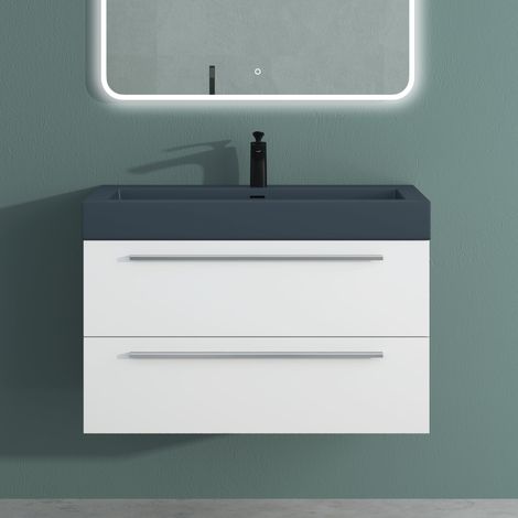 Mai & Mai Mobile Bagno Sospeso90cm, Mobiletto per Bagno con Lavabo in Antracite Opaco, Bianco Opaco, Seria Quadratto (1/5)