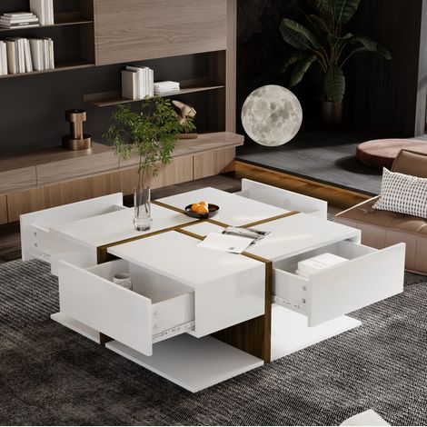 MEUBLIV Couchtisch 78 x 78 x 34,8 cm Weiß und Holz – 4 Schubladen, Stauraum unten (1/5)