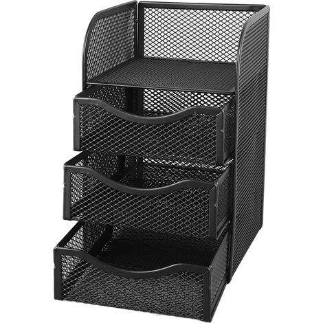 Boîte de rangement de bureau à trois tiroirs en maille métallique avec design antidérapant, organisateur de fournitures de bureau, noir. (1/5)