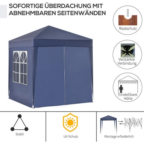 Pavillon pliable 2x2m bleu, abri de fête avec 4 parois latérales amovibles et 2 fenêtres, structure en métal (1/4)