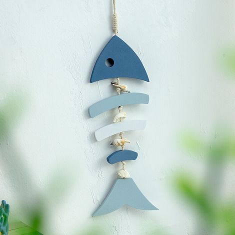 Décor en Bois arêtes de Poisson avec conque et Coquillages pour la décoration Nautique, décoration Murale Porte Ornement Suspendu Plage thème Jardin Bureau décoration de la Maison (Bleu Clair (1/5)