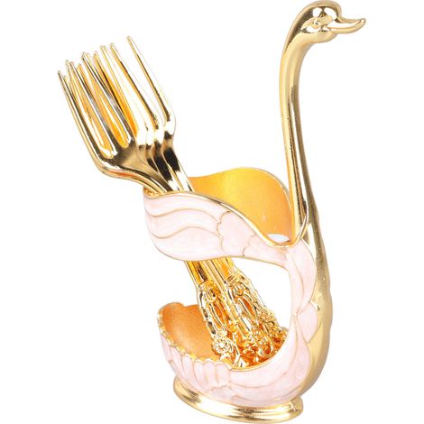 Porte-cuillère à café en alliage doré et blanc en forme de cygne, avec une finition polie miroir et des détails complexes  convient pour les fêtes, les cafés et les bureaux  comprend une fourchette.