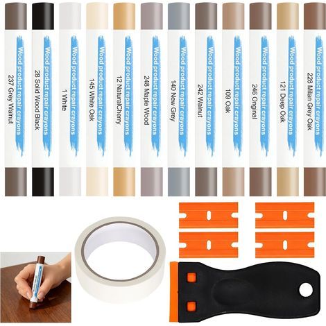 Pate a Bois Rebouchage, Kit de Réparation Parquet 12 Couleurs, Kit Reparation Carrelage avec Spatule et Ruban de Masquage pour Sol Stratifié/Vinyle et Meubles en Bois, Répare Rayures Fissures Trous (1/5)