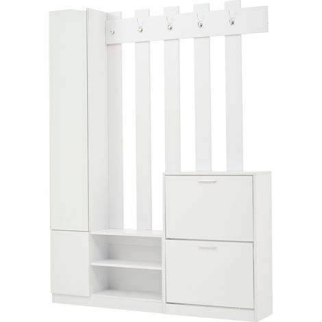 Mobile ingresso bianco con specchio, 2 scarpiere a ribalta, armadio con ganci, 135x25x180 cm (1/5)