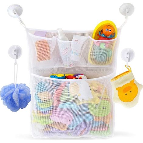 Red de almacenamiento de juguetes para baño, ducha y bañera - Red para juguetes de bebé + 4 ganchos adhesivos resistentes GRATIS (1/5)