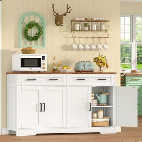 Buffet - Meuble bas 140x38x80 cm - 2 tiroirs - 4 portes - Étagères réglables, Blanc (1/5)