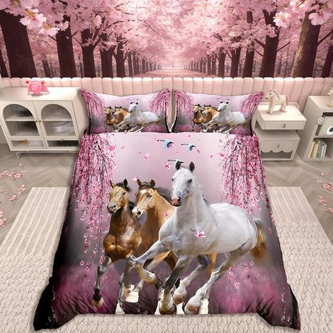 Parure De Lit avec Housse De Couette pour Garçon Et Cheval Branches Fleurs Cerisier Steed Parure Lit pour Fille Adolescente Housse Couette Cheval Au Galop 3 D 140 x 200 Cm (1/5)