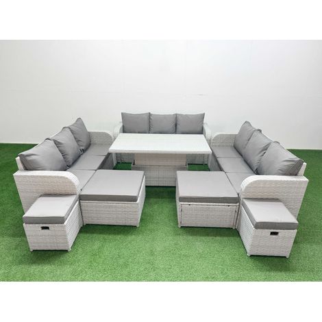 Fimous 8 Pieces Garden Rising Dining Table High Back Inclining Sofa Set 2 Big Footstool 2 Small Stool Light Grey (1/5)