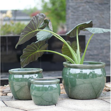 Pot de plantation en céramique Ø 30 cm, émaillage bleu-vert antique, avec trous de drainage (1/5)