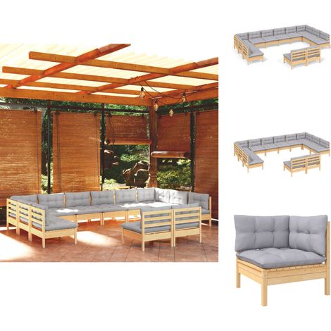 Gartenmöbel-Sets - Living 12-tlg. Garten-Lounge-Set mit Grauen Kissen Kiefer Massivholz (1/5)