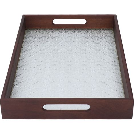 Plateau de service en bois de noyer et verre vintage pour gâteaux, pains, petits-déjeuners et collations. Élégant plateau rectangulaire. (1/5)
