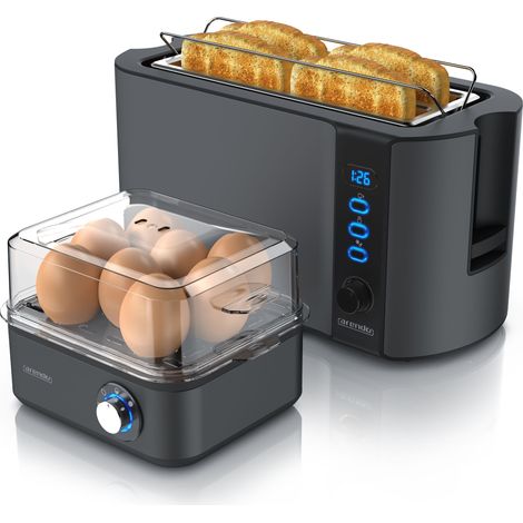 Arendo 2-teiliges Frühstücksset - 4-Scheiben Langschlitz Toaster, 8er Eierkocher, Grau (1/5)