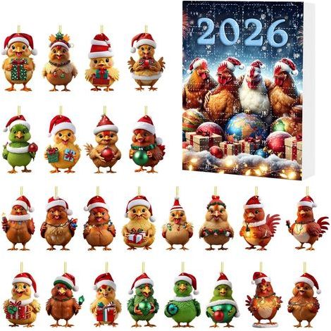 Weihnachtskalender aus Acryl zum Aufhängen mit Cartoon-Huhn-Anhänger, Überraschungsbox, 24-Tage-Countdown, Weihnachtsbaumschmuck (Typ F) (1/2)