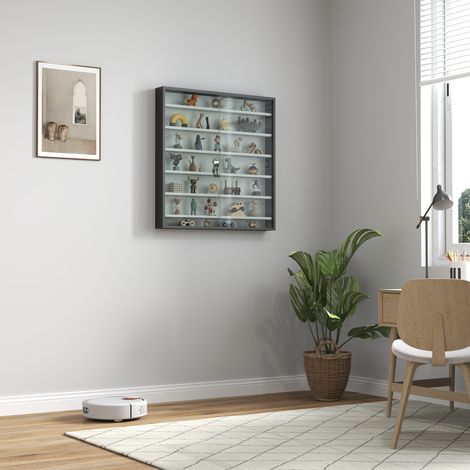 Wandvitrine mit 6 verstellbaren Einlegeböden, Sammlervitrine, Wandvitrine für Sammlerstücke, aus Glas und Spanplatte, 80 x 9,5 x 83 cm, Schwarz und Weiß (1/5)