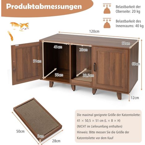 Katzenschrank fur katzentoilette mit 2 turen kratzbrett eingang 120 x 52 x 65 cm kaffee