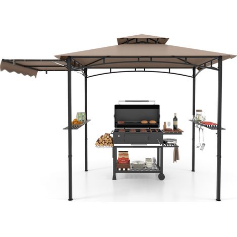 Tonnelle de Barbecue 318 x 153 cm avec Auvent Latéral, Dessus à 2 Niveaux, 2 Etagères Latérales, Crochets de Suspension, Décapsuleur, Marron (1/5)