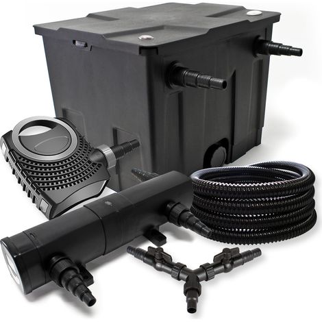 SunSun Komplettset: CBF-350 Teichfilter bis 12000 L Teichfilteranlage als Durchlauffilter, CTF-8000 Teichpumpe 8000l/h 70W, CUV-218 Teichklärer UVC Klärer mit 18W, 25m Teichschlauch 25 mm, Y-Verteiler