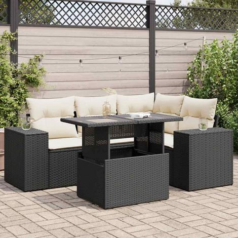 Ensemble Salon Jardin 5 Places Noir Résine Tressée avec Coussins Crème - Table Réglable, Stockage Intégré (1/4)