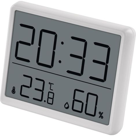 Thermomètre d'ambiance numérique et hygromètre avec horloge à poser/suspendre/support magnétique  Écran LCD avec affichage des valeurs minimales et maximales, date, réveil  Batterie incluse