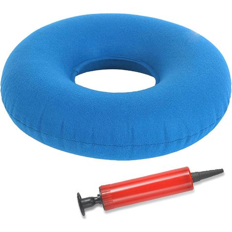 Coussin de siège gonflable avec anneau 35x35cm Anti-escarres Tapis de natation Coussin pour hémorroïdes et coccyx Pompe à air incluse Bleu clair (1/5)
