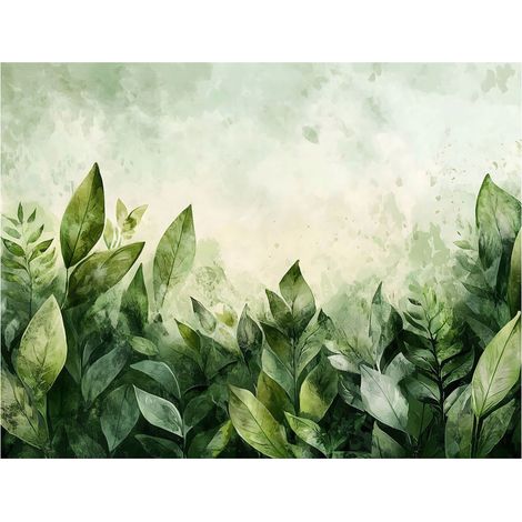 Papier peint avec des feuilles vertes et du béton naturel, décoration murale – 150 x 105 cm Wallarena (1/4)