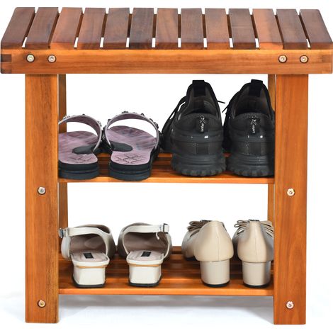 COSTWAY Acacia Wood Shoe Rack Bench 3-Tier Shoe Organizer 50x28x45cm-Teak Color (1/5)