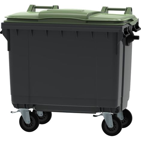 ESE France Conteneur Poubelle à déchets 4 roues - 660L - Robuste et Professionnel - 100% Recyclé - Gris avec Couvercle Vert - Fabriqué en France