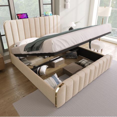 Letto contenitore matrimoniale 140x200 cm con materasso, sollevamento idraulico, porta USB e Type-C, in lino beige (1/5)