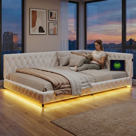 Canapé-lit 2 places 140x200, lit rembourré en L,lit double, éclairage LED et port de charge USB – Cadre de lit 140x200 Sommier a Lattes,lit adulte,tissu en teddy doux beige (1/4)
