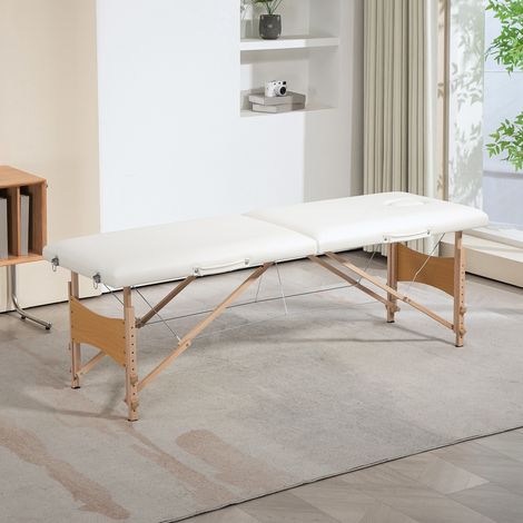 Camilla de Masaje Plegable con Marco de Madera con Altura Regulable y Bolsa de Transporte 186x60x58-81 cm Crema (1/5)