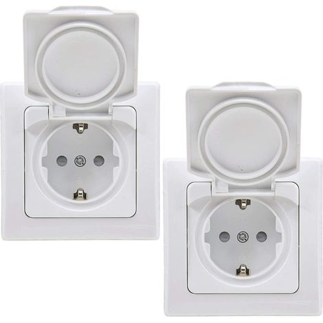 Prise IP44 2x avec couvercle à charnière et cadre - 2 socles encastrés avec contact de protection, pour pièces humides et extérieur, 230 V - Blanc (1/5)