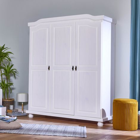 M&S – Armoire 3 portes en pin massif blanc 150x56x180 cm – Design élégant pour chambre – Livrée prête à monter