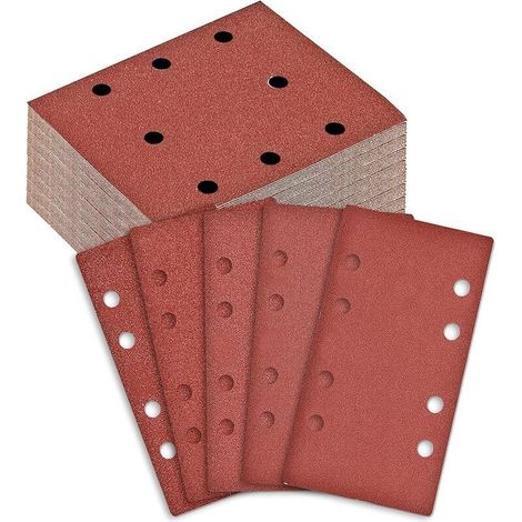 100 Feuilles Abrasives Papier de Verre 93x185 mm - Grain 40/60/80/120/240-8 Trous pour Ponceuse Vibrante/Orbitale - Lot pour Ponçage Bois, Métal, Peinture (1/5)
