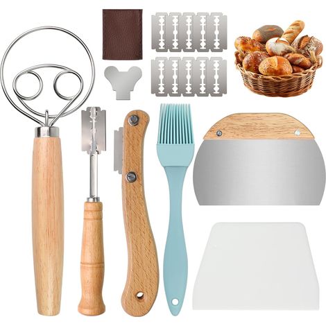 Set de 6 Lame Boulanger, Grignette Boulanger, Coupe Pate, avec 20 Lames de Rechange et un Étui de Protection pour les Lames, un Fouet Danois, 2 Spatules à Pâte et un Pinceau (1/5)