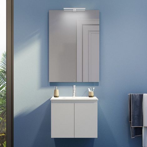 Mobile da Bagno Sospeso 80 cm Due Ante Bianco Effetto Legno Lavabo e Specchio Inclusi Mod. Yili (1/5)