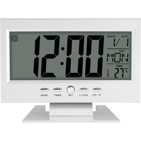 Horloge Numérique Calendrier Multifonction Réveil Bureau Digital LCD avec Veilleuse et Heure de Snooze/Date/Température(argenté) (1/5)