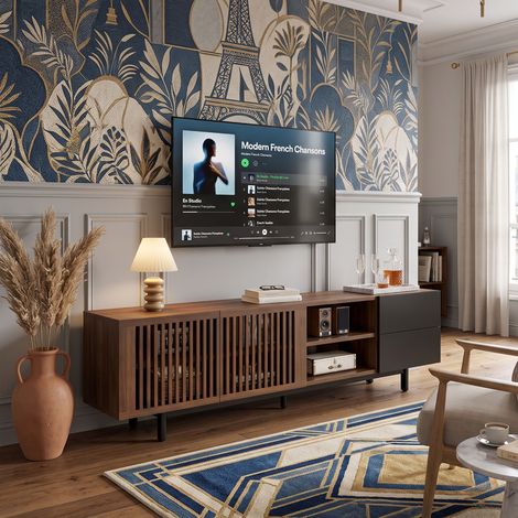 Creahappy Meuble TV 160x38x50 cm - Grand Espace de Rangement avec Portes Persiennes et Tiroirs - Style Contemporain - Noyer et Noir (1/5)
